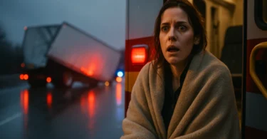Woman in a blanket at the scene of a jackknifed truck crash on a highway