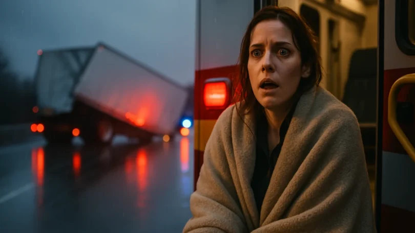 Woman in a blanket at the scene of a jackknifed truck crash on a highway