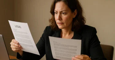 Woman comparing two legal notices at her desk