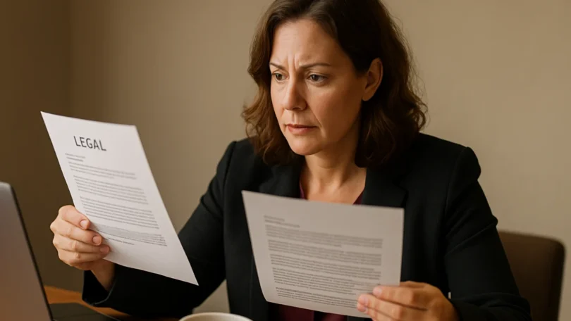 Woman comparing two legal notices at her desk