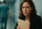 Woman holding her medical records in a hospital hallway
