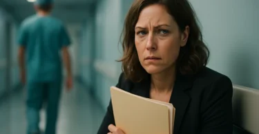 Woman holding her medical records in a hospital hallway