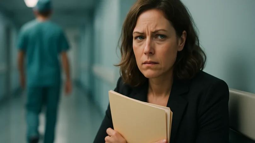 Woman holding her medical records in a hospital hallway