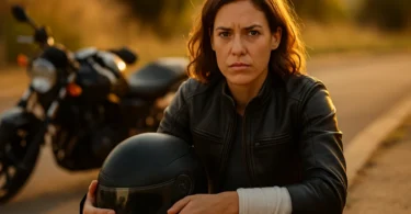 Injured woman motorcyclist holding her helmet after a crash