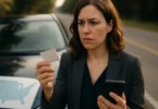 Woman checking her insurance card after a car accident