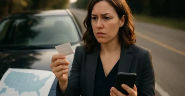 Woman checking her insurance card after a car accident