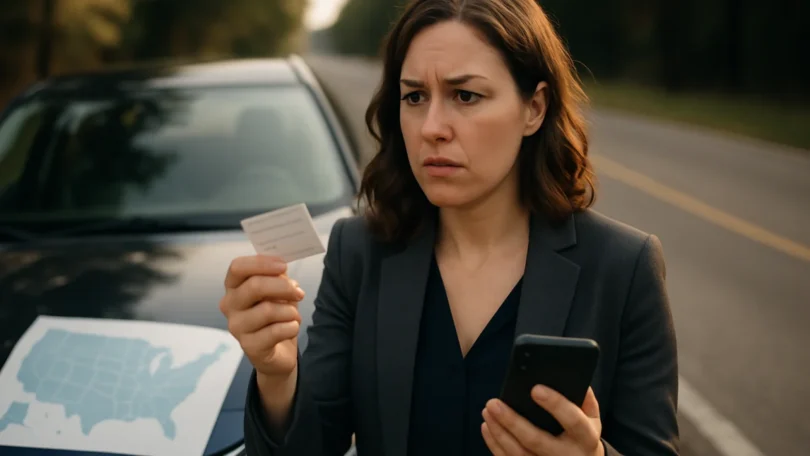 Woman checking her insurance card after a car accident
