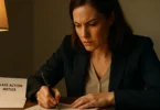 Woman signing a class action opt out form at her desk