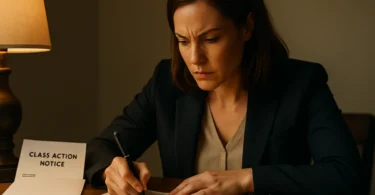 Woman signing a class action opt out form at her desk