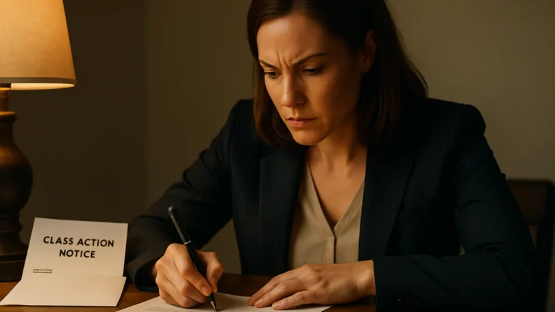 Woman signing a class action opt out form at her desk