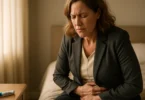 Woman with stomach pain sitting on her bed next to an injection pen
