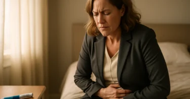 Woman with stomach pain sitting on her bed next to an injection pen