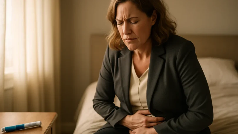 Woman with stomach pain sitting on her bed next to an injection pen