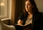 Woman with a leg cast writing in a pain journal by the window