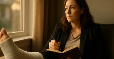 Woman with a leg cast writing in a pain journal by the window