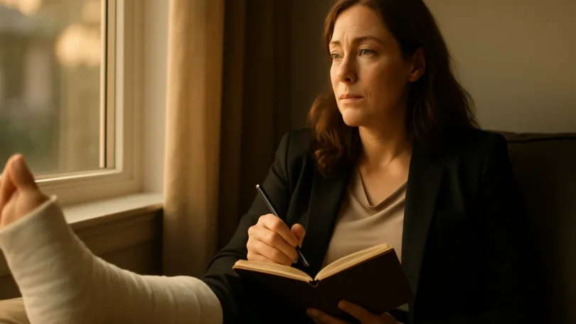 Woman with a leg cast writing in a pain journal by the window