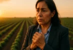 Woman farmworker at the edge of a field holding her trembling hand