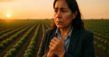 Woman farmworker at the edge of a field holding her trembling hand