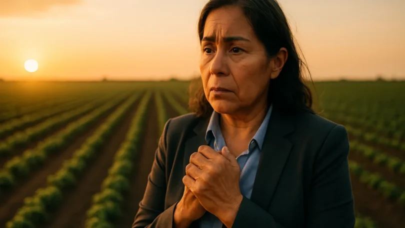 Woman farmworker at the edge of a field holding her trembling hand