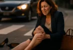Injured woman pedestrian sitting near a crosswalk after being hit by a car