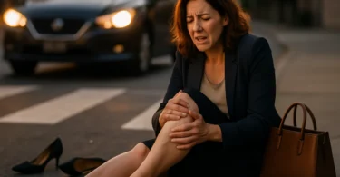 Injured woman pedestrian sitting near a crosswalk after being hit by a car