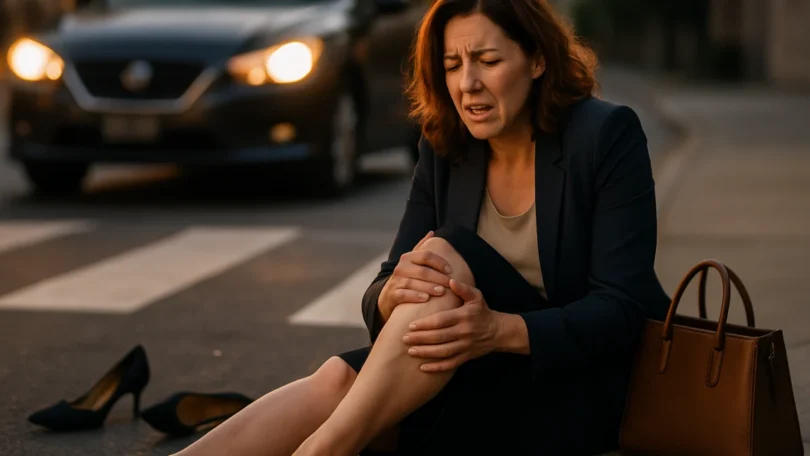 Injured woman pedestrian sitting near a crosswalk after being hit by a car