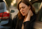 Woman holding her neck after being rear ended in her car