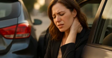 Woman holding her neck after being rear ended in her car