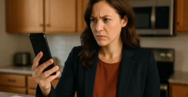 Woman suspicious of a phone call from an insurance adjuster