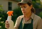 Woman in her garden holding a weed killer spray bottle with concern
