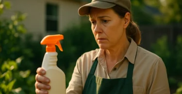 Woman in her garden holding a weed killer spray bottle with concern
