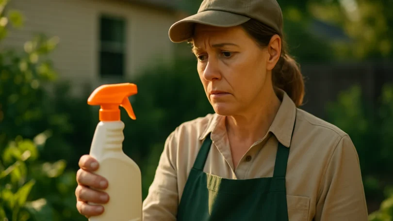 Woman in her garden holding a weed killer spray bottle with concern