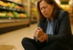 Woman who slipped and fell in a grocery store holding her wrist