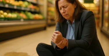 Woman who slipped and fell in a grocery store holding her wrist