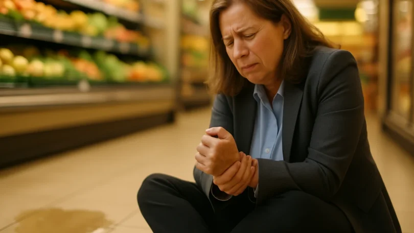 Woman who slipped and fell in a grocery store holding her wrist