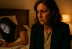 Worried mother watching her teenage daughter on her phone at night