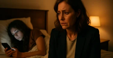 Worried mother watching her teenage daughter on her phone at night