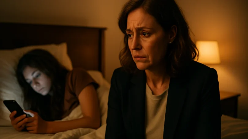 Worried mother watching her teenage daughter on her phone at night