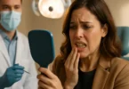 Woman in a dental chair looking at her damaged teeth in a mirror