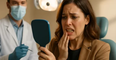 Woman in a dental chair looking at her damaged teeth in a mirror