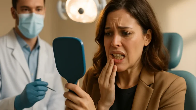 Woman in a dental chair looking at her damaged teeth in a mirror