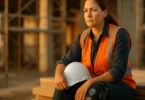 Injured woman construction worker with a leg brace at a work site