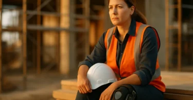 Injured woman construction worker with a leg brace at a work site