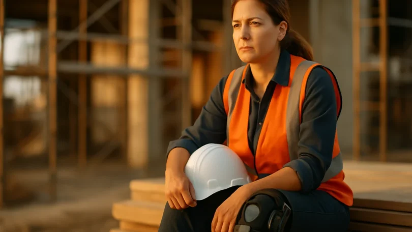 Injured woman construction worker with a leg brace at a work site