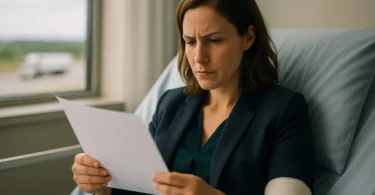 Injured woman in a hospital reviewing her truck accident claim