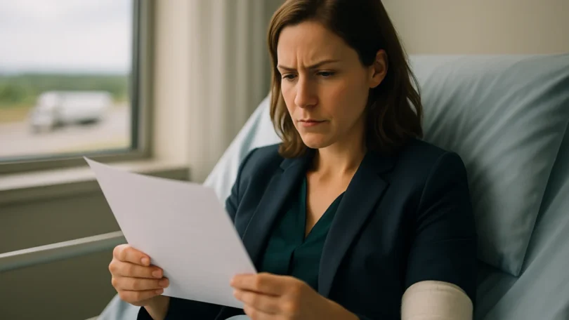 Injured woman in a hospital reviewing her truck accident claim