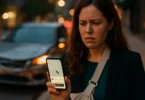 Injured woman holding her phone after a rideshare accident