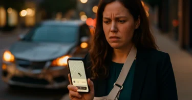 Injured woman holding her phone after a rideshare accident