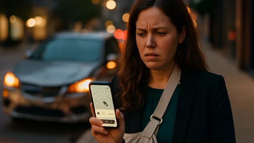 Injured woman holding her phone after a rideshare accident