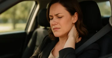 Woman in a car holding her neck in pain from whiplash